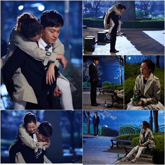 KBS 주말드라마 '참 좋은 시절'의 이서진과 김희선이 심야의 '벚꽃 어부바' 신을 함께 촬영했다. ⓒ 삼화네트웍스