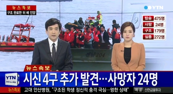 세월호 침몰 사고의 사망자가 24명으로 늘었다. ⓒ YTN 방송화면