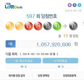 로또 597회 당첨번호가 공개됐다. ⓒ 나눔로또 홈페이지