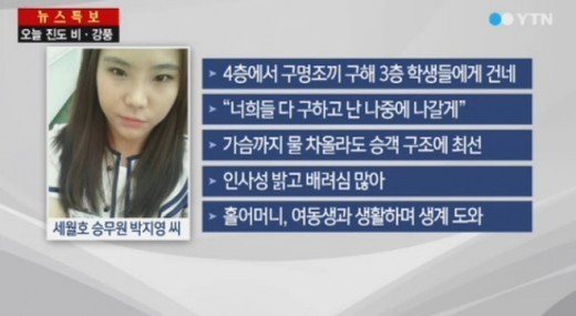 세월호 침몰 사고에서 승객들을 구하다 숨진 고(故)박지영(22·여), 김기웅(28), 정현선(28·여) 씨가 의사자로 선정됐다. ⓒ YTN 방송화면