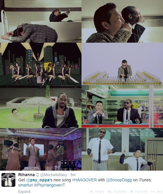 싸이의 신곡 '행오버' 음원이 전세계 아이튠즈를 통해 공개됐다. ⓒ 해당 뮤비 캡쳐, 리한나 트위터