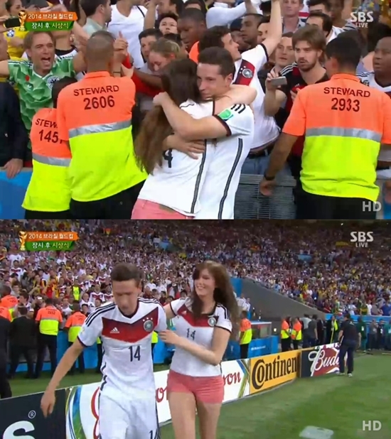 독일의 율리안 드락슬러가 여자친구와 함께 우승의 기쁨을 나누고 있다. ⓒ SBS 방송화면 캡처