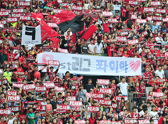 지난 12일 서울월드컵경기장에서 벌어진 슈퍼매치에서 FC서울 서포터즈들이 정성룡을 향한 메시지가 적힌 문구를 펼쳐 보이고 있다 ⓒ 엑스포츠뉴스DB