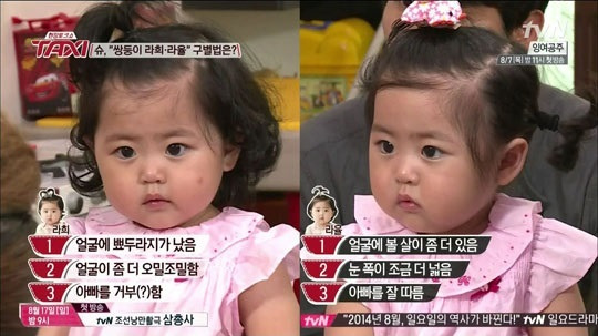 슈 남편 임효성이 쌍둥이 자매를 구분하는 방법을 공개했다. ⓒ tvN '현장토크쇼 택시' 방송화면