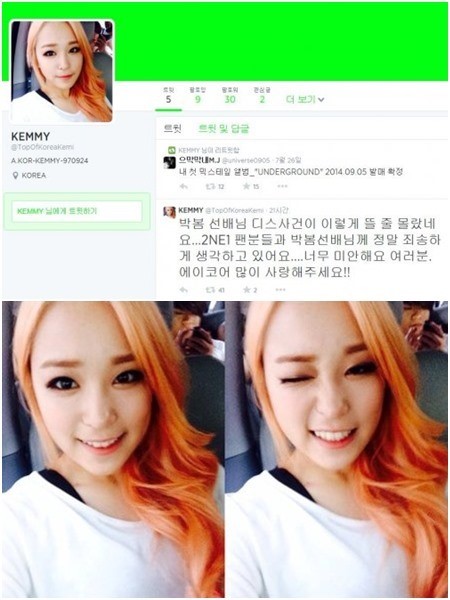 에이코어 멤버 케미가 박봄에게 사과했다. ⓒ케미 트위터