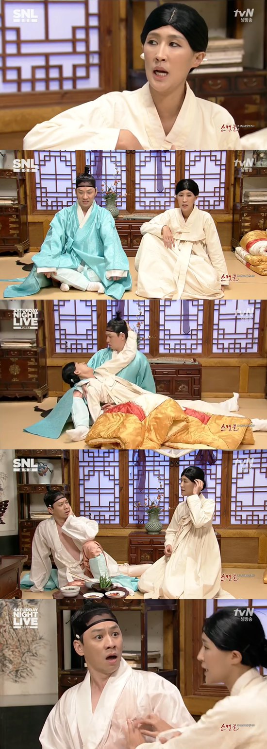 'SNL 코리아' 홍진경과 정상훈이 '스캔들' 패러디를 선보였다. ⓒ tvN 방송화면