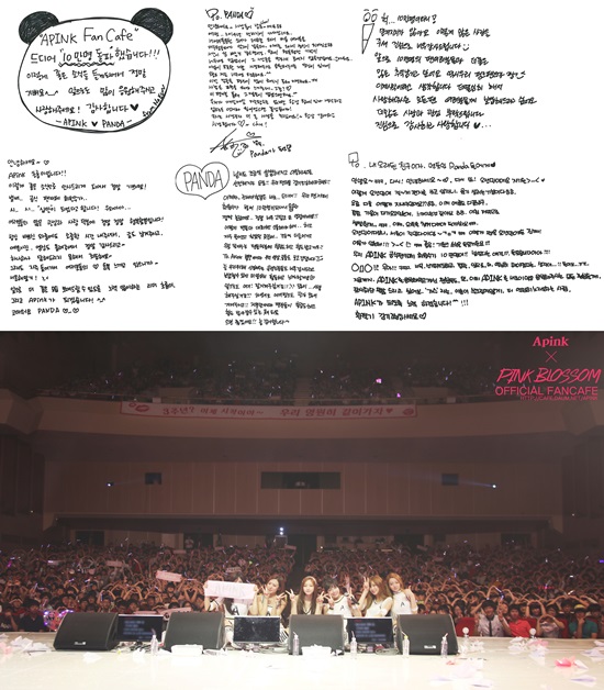 에이핑크가 공식 팬카페 회원 10만 명 돌파를 기념해 손편지를 전했다. ⓒ 에이큐브