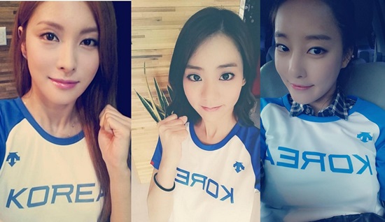 박규리, 한승연, 고우리가 2014 인천아시안게임 야구 대표팀의 선전을 기원했다. ⓒ 트위터