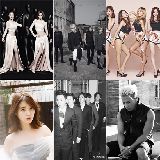 걸스데이, 비스트, 씨스타, 태양, 위너, 아이유(왼쪽 위부터 시계방향으로) ⓒ 로엔트리