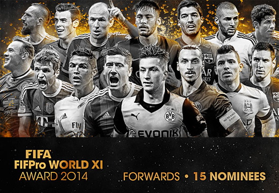 2014 FIFA-FIFPro 월드베스트 공격수 부문 후보 15인 ⓒ FIFPro 홈페이지 캡쳐