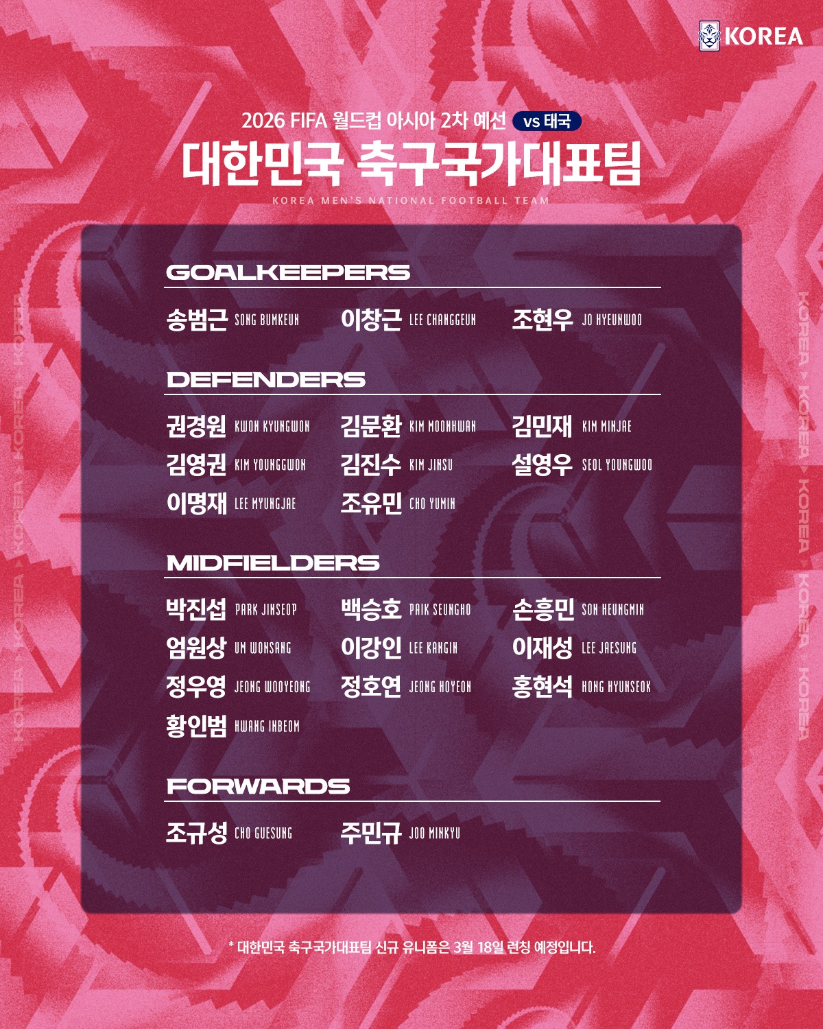 대한민국 축구 국가대표팀 2024년 3월 A매치 명단. 대한축구협회
