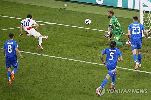 크로아티아가 25일 독일 라이프치히 경기장에서 열린 2024 유럽축구연맹(UEFA) 유럽축구선수권대회(유로 2024) 조별리그 B조 최종전에서 이탈리아와 1-1로 비겨 16강 진출 실패 위기에 몰렸다. 크로아티아 39살 간판 스타 루카 모드리치도 마지막 메이저대회에서 조기 퇴출 위기에 몰렸다. 모드리치는 월드컵에선 준우승, 3위를 한 번씩 차지했으나 유로 대회에선 준준결승 진출 기록도 없다. 연합뉴스