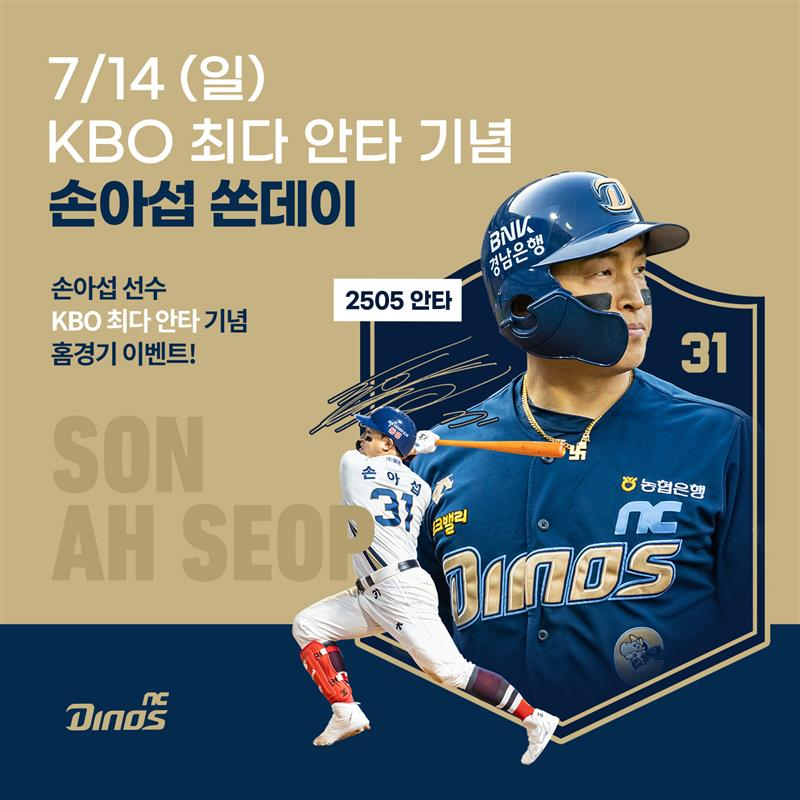 NC 구단은 외야수 손아섭의 KBO 리그 최다 안타 신기록을 축하하기 위한 ‘손아섭 쏜데이’를 14일 키움전에서 진행한다. NC 다이노스