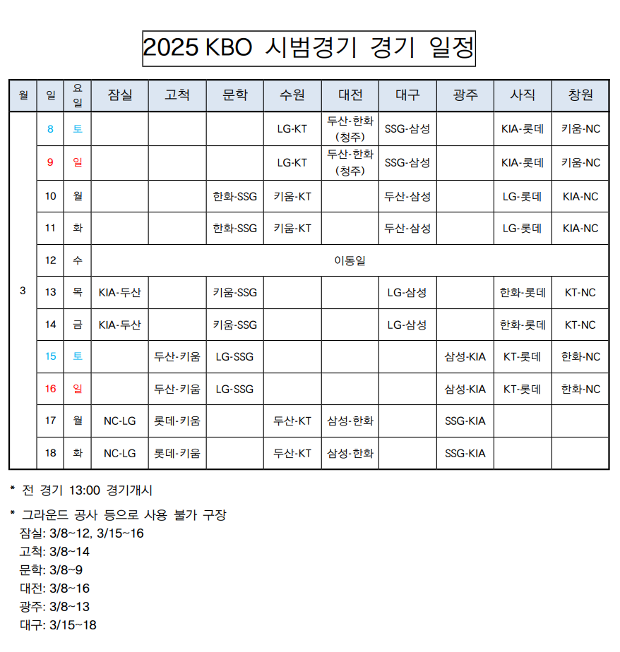 2025시즌 시범경기 일정. KBO