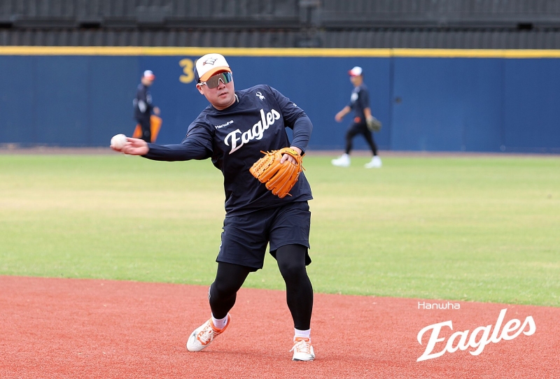 한화 이글스는 호주 멜버른의 멜버른 볼파크에서 1차 스프링캠프를 치르며 새 시즌을 준비하고 있다. 김경문 감독은 안치홍을 이번 시즌 주전 2루수로 일찌감치 낙점했다. 안치홍이 수비 훈련을 하고 있다. 한화 이글스