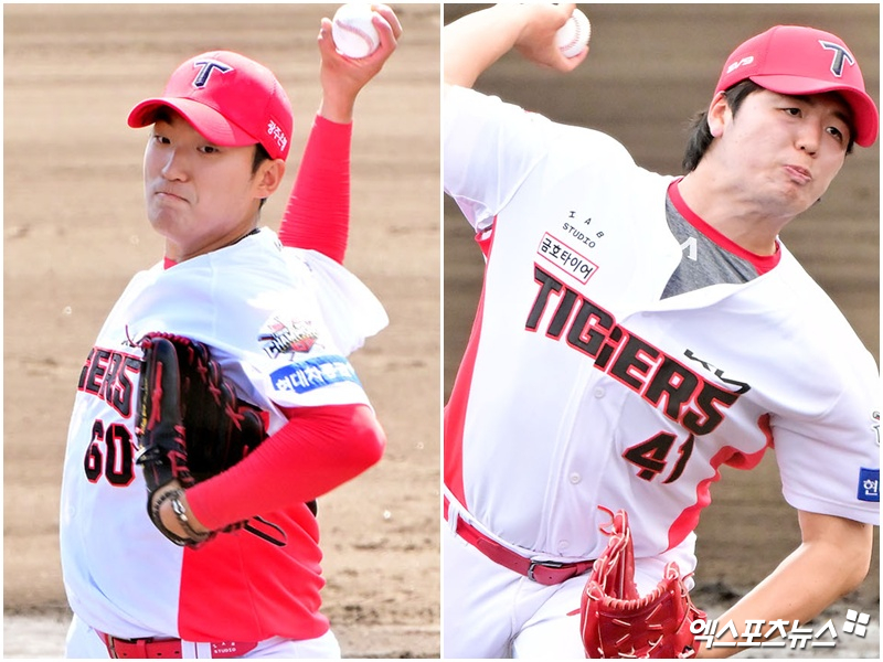 2025 시즌 KIA 타이거즈의 개막 5선발 자리를 놓고 경쟁 중인 우완 김도현(왼쪽)과 황동하. 사진 엑스포츠뉴스 DB