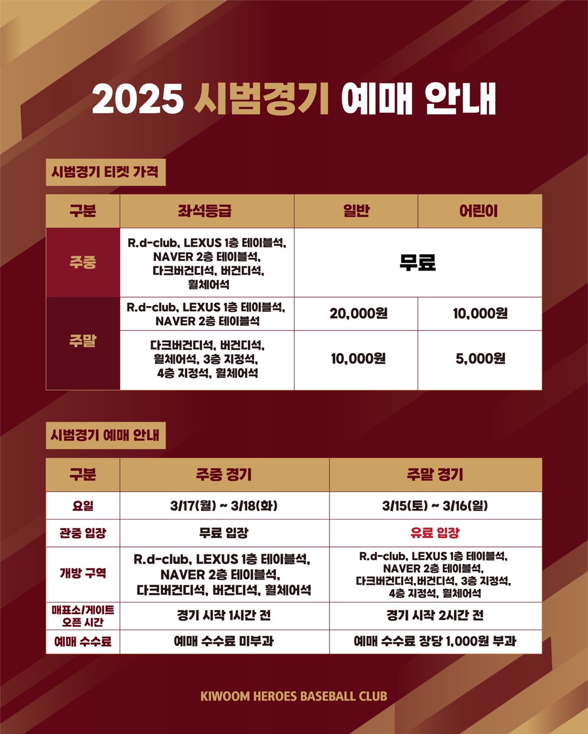 키움 히어로즈가 '2025 신한 SOL Bank KBO 시범경기' 주말 홈경기 티켓을 판매한다. 키움 히어로즈