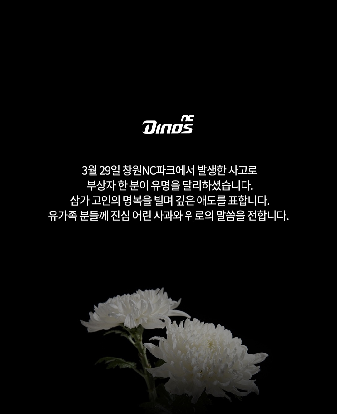 NC는 31일 구조물 추락 인명 사고와 관련해 애도 성명을 발표했다. NC 다이노스