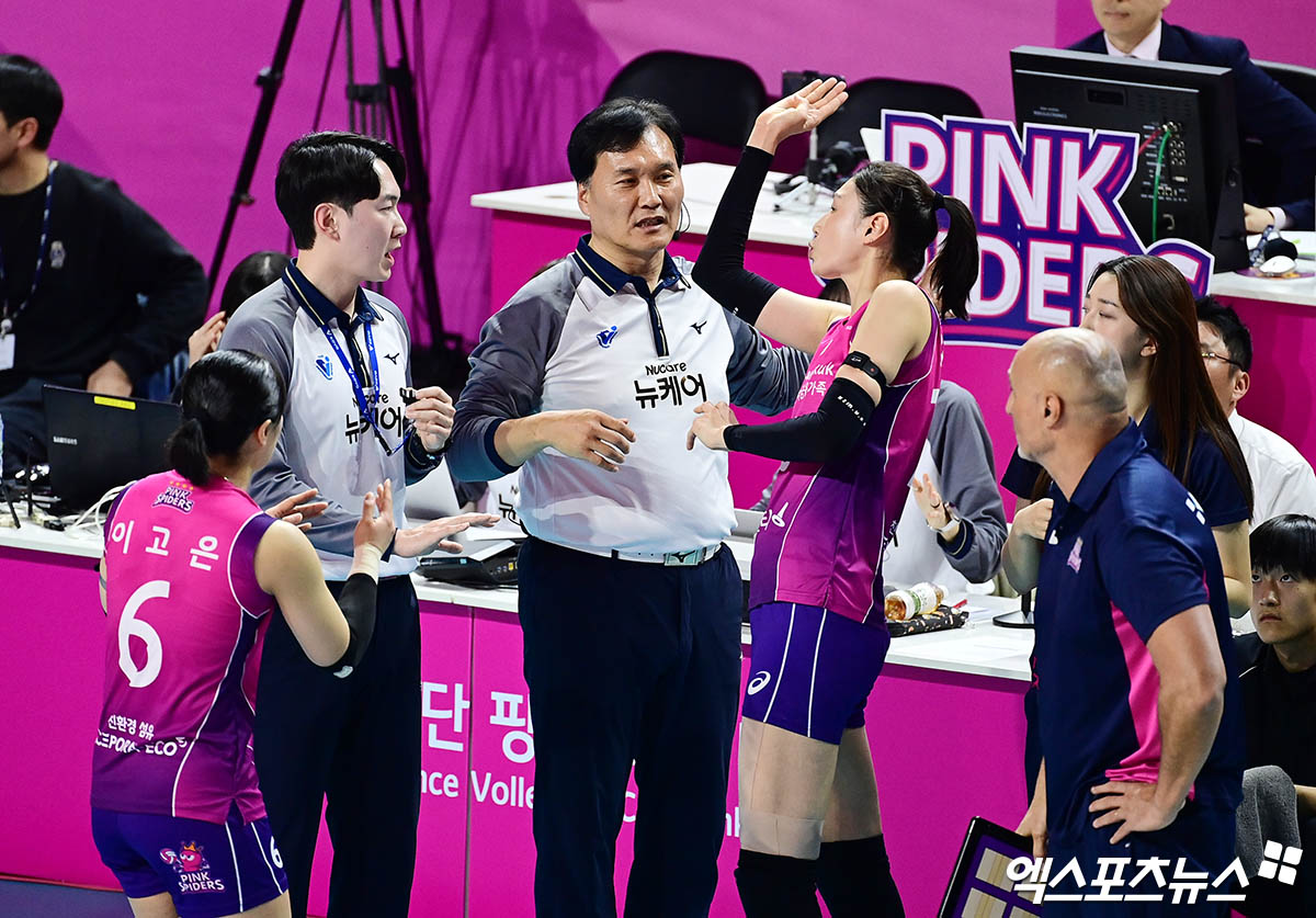 흥국생명 김연경과 선수들이 2일 인천 삼산월드체육관에서 열린 정관장과의 챔피언결정전 2차전 1세트에서 비디오 판독 결과에 항의하고 있다. 엑스포츠뉴스 삼산, 박지영 기자