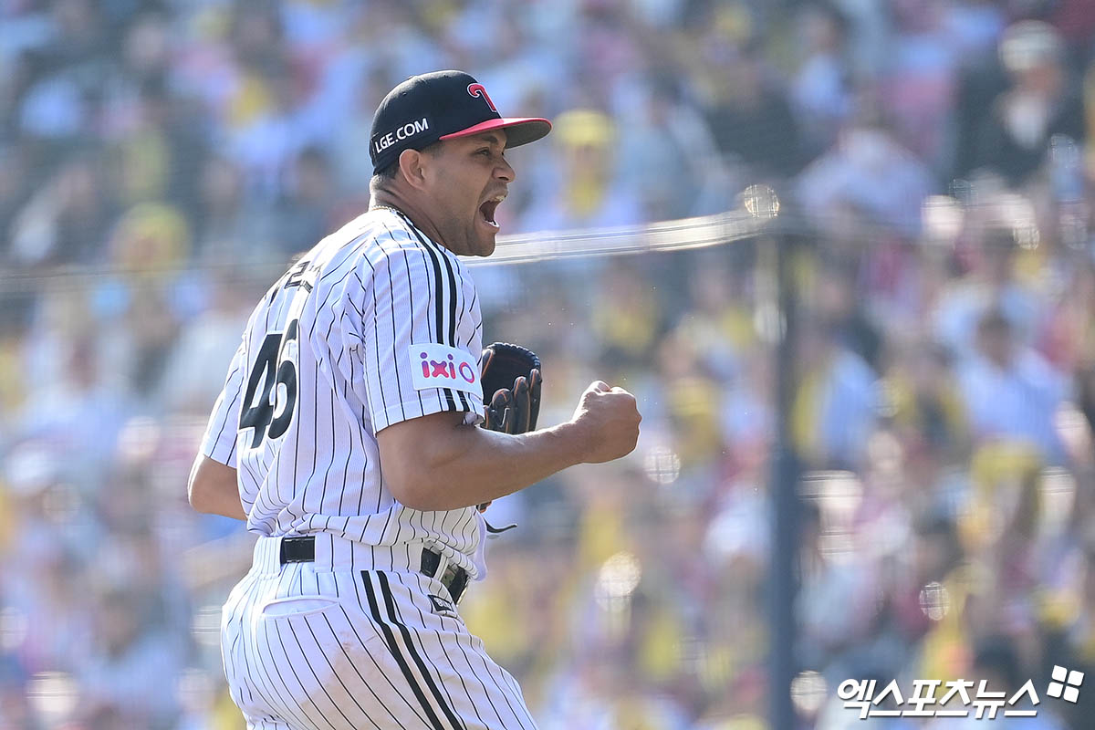 LG 투수 치리노스는 6일 잠실구장에서 열린 '2025 신한 SOL Bank KBO 리그' KIA와 정규시즌 2차전에서 선발 등판했다. 7이닝 1실점 퀄리티스타트 플러스 투구로 팀 승리에 혁혁한 공을 세웠다. 엑스포츠뉴스 DB