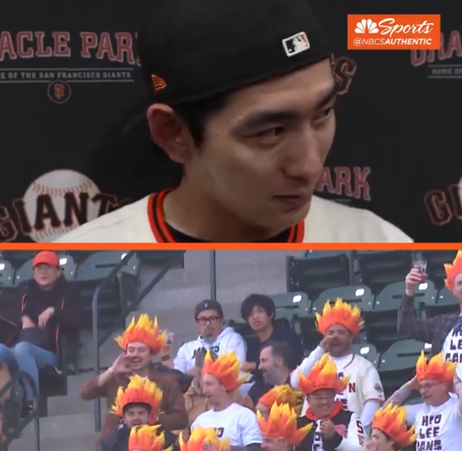 샌프란시스코 자이언츠 이정후와 이정후를 응원하는 팬클럽 후리건스의 모습. NBC 스포츠 중계화면 캡처