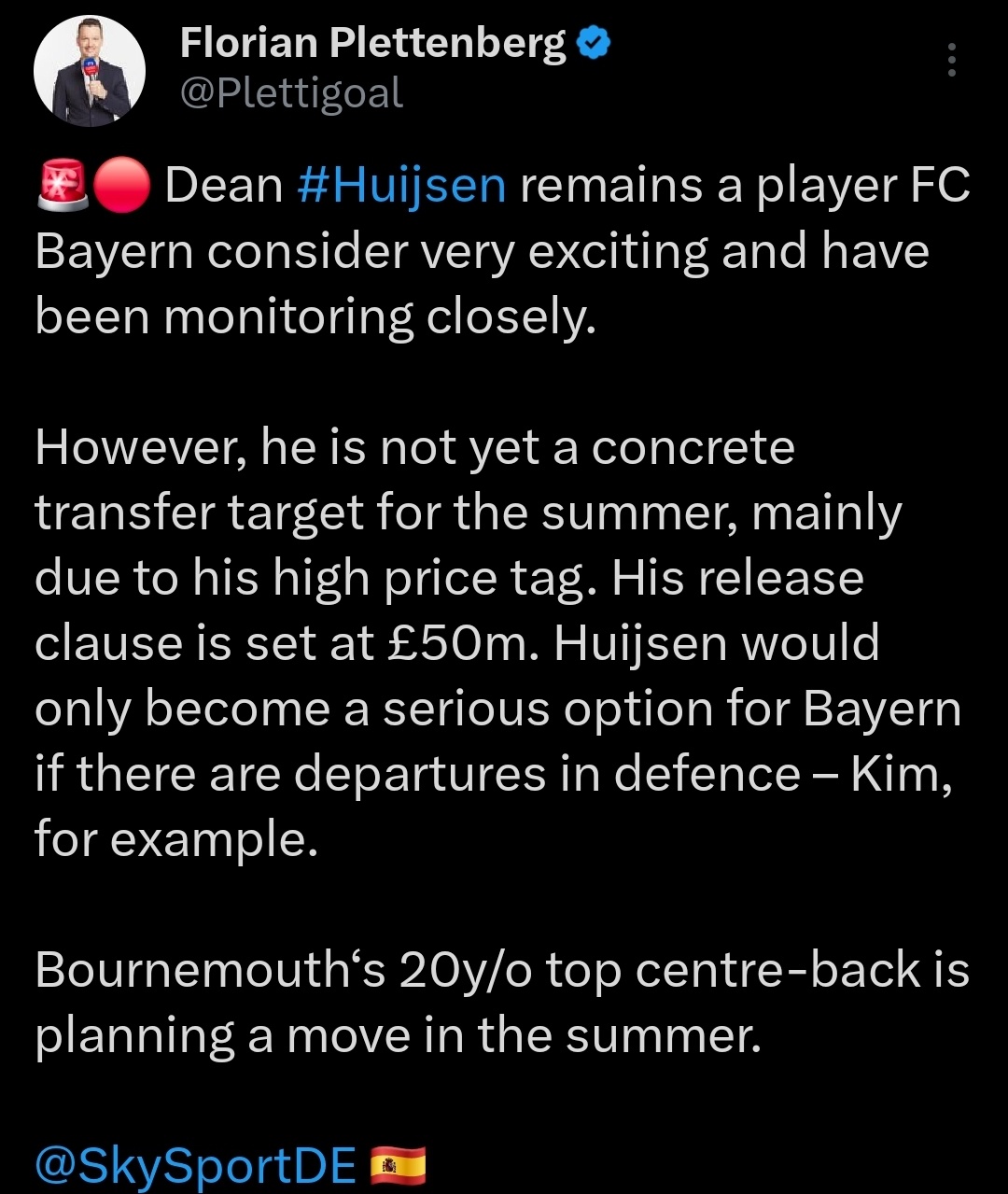 독일 스카이스포츠의 저명기자 플로리안 플레텐베르크가 김민재를 다시 한 번 거론했다. 그는 15일 오후 자신의 SNS를 통해 '본머스 센터백 딘 하위선에 대해 바이에른 뮌헨이 큰 관심을 갖고 있다'며 '김민재가 이탈하면 하위선 영입 자금이 마련될 수 있다'고 대놓고 말했다. 플레텐베르크 SNS