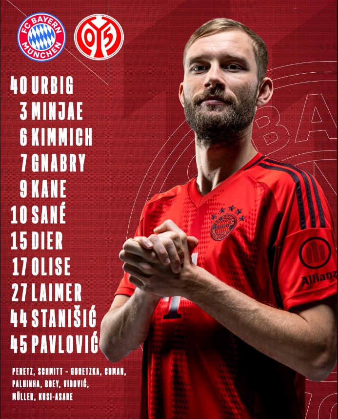 바이에른 뮌헨과 마인츠는 26일(한국시간) 오후 10시30분 독일 뮌헨에 위치한 알리안츠 아레나에서 열리는 2024-25시즌 분데스리가 31라운드 맞대결을 앞두고 선발 명단을 공개했다. 이날 김민재(바이에른 뮌헨)와 이재성(마인츠)이 나란히 선발 명단에 포함되면서 코리안 더비가 열린다. 리그 선두 뮌헨은 마인츠전에서 승리하고 같은 시간에 열리는 2위 바이엘 레버쿠젠이 비기거나 지면 2024-25시즌 분데스리가 챔피언으로 등극한다. 뮌헨 SNS