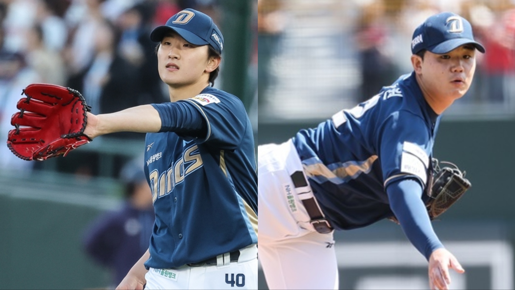 최근 1군 데뷔전을 치른 NC 투수 이준혁과 김녹원(왼쪽부터). NC 다이노스