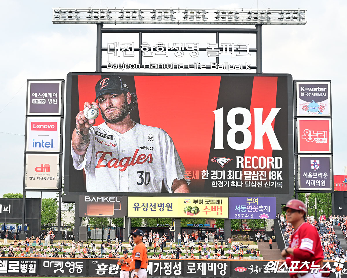17일 오후 대전 한화생명 볼파크에서 열린 '2025 신한 SOL Bank KBO리그' SSG 랜더스와 한화 이글스의 더블헤더 1차전 경기, 8회초 1사 한화 폰세가 SSG 최준우를 삼진으로 처리하며 한 경기 최다 탈삼진을 기록했다. 엑스포츠뉴스 DB