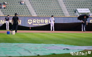 한화-LG '생각보다 강한 비로 방수포 설치'[포토]