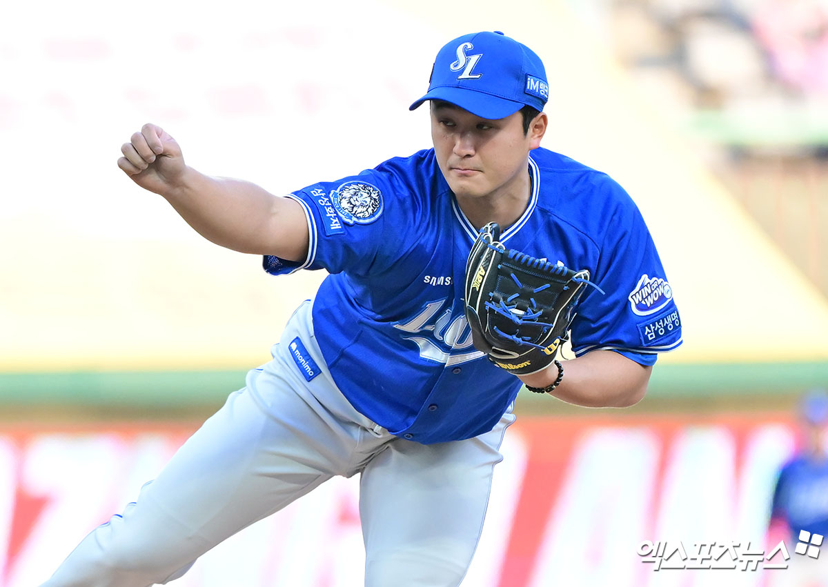 삼성 라이온즈 우완 최원태가  4일 인천 SSG랜더스필드에서 열린 2025 신한 SOL Bank KBO리그 SSG 랜더스와의 팀 간 8차전에 선발등판, 5⅓이닝 7피안타 1볼넷 6탈삼진 4실점으로 패전투수가 됐다. 사진 엑스포츠뉴스 DB