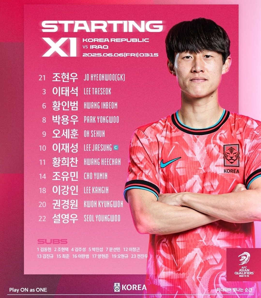 홍명보 감독이 이끄는 대한민국 축구대표팀은 6일 이라크 바스라 인터내셔널 스타디움에서 열린 2026 북중미 월드컵(캐나다·미국·멕시코 공동 개최) 아시아 3차예선 B조 9차전 이라크와의 원정 경기에서 후반 19분 김진규의 선제 결승포, 후반 32분 오현규의 쐐기골에 힘입어 2-0 완승을 챙겼다. 브라질, 독일, 이탈리아, 아르헨티나, 스페인에 이어 세계 6번째로 월드컵 본선 11회 연속 진출한 나라가 됐다. 대한축구협회