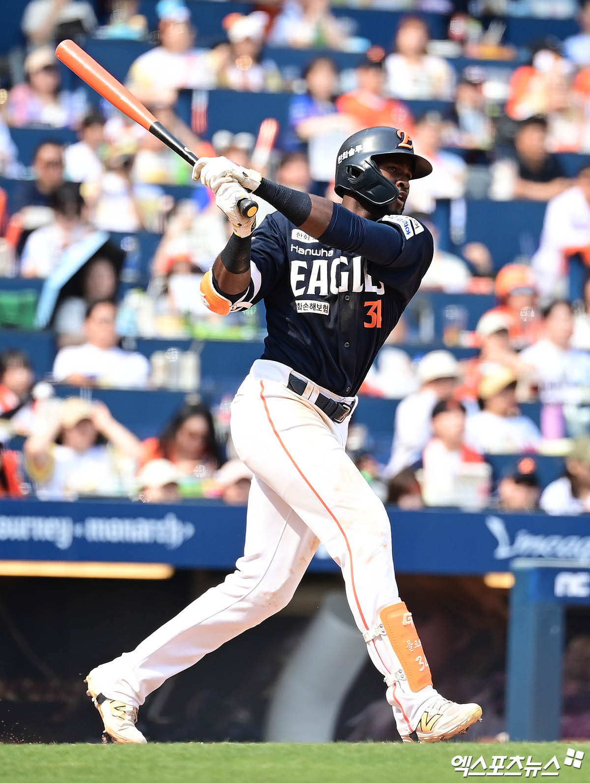 한화 이글스 외국인 타자 에스테반 플로리얼이 올해 정규시즌 경기에 출전해 타격하고 있다. 플로리얼은 지난 8일 KIA 타이거즈 정해영의 공에 맞아 손등을 다쳤다. 정해영과 KIA는 진심 어린 사과를 전했다. 엑스포츠뉴스 DB