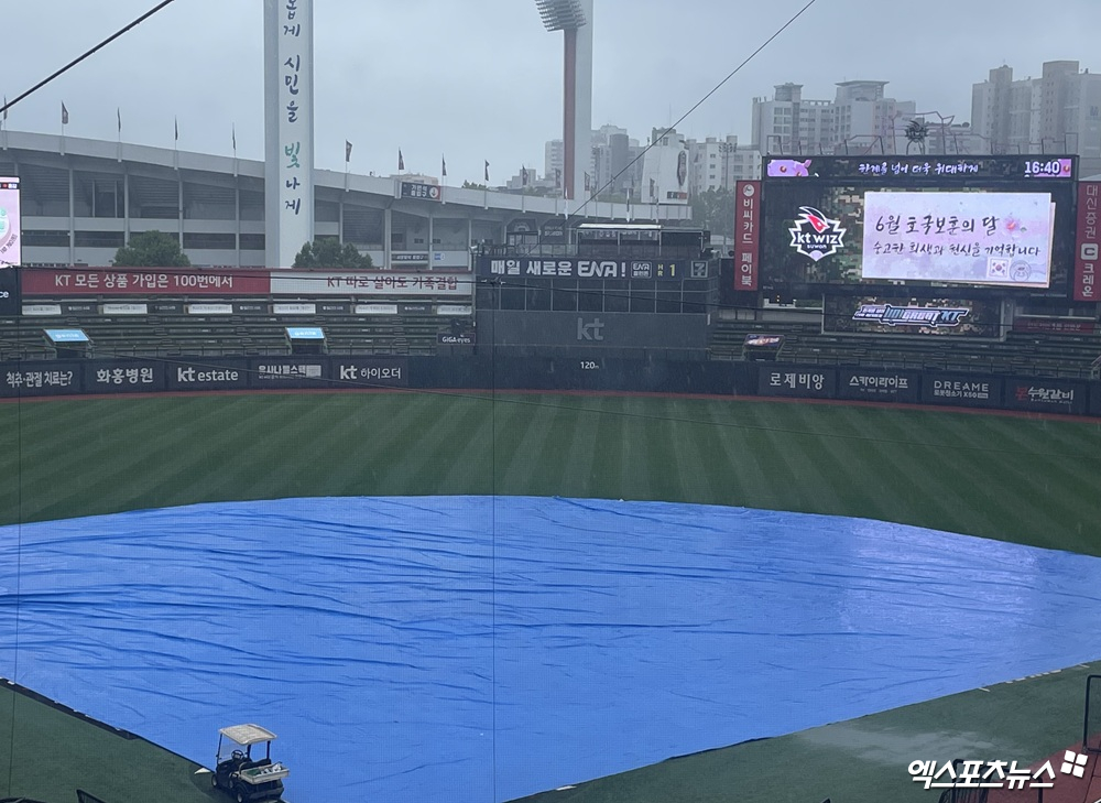 25일 KT 위즈와 LG 트윈스의 맞대결이 예정돼 있던 수원 KT위즈파크에 폭우가 내렸다. 우천 및 그라운드 사정으로 인해 경기가 취소됐다. 엑스포츠뉴스 수원, 최원영 기자