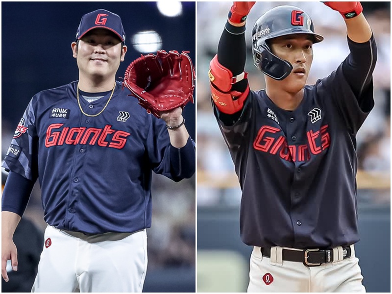 2025 시즌 1군 3경기 등판에 그친 롯데 자이언츠 투수 한현희(왼쪽)와 2군에만 머무르고 있는 내야수 노진혁. 사진 롯데 자이언츠