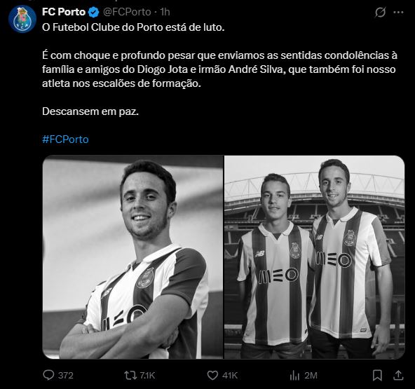 리버풀의 포르투갈 국가대표 공격수 디오고 조타가 교통사고로 사망했다. 향년 28세로, 불과 2주 전 결혼했던 그는 상상하지 못했던 일로 세상을 떠났다. 영국 공영방송 BBC는 3일 '리버풀 스트라이커 조타와 그의 동생인 안드레 실바가 스페인 사모라에서 교통사고를 당해 이날 별세했다'고 보도했다. 조타의 동생인 실바도 포르투갈 2부 구단인 페나피엘에서 현역으로 뛰는 등 프로축구 선수 출신이다. 리버풀 구단과 포르투갈축구협회가 모두 큰 충격에 빠졌으며 유럽 축구계가 모두 그를 추모하고 나섰다. FC포르투 SNS