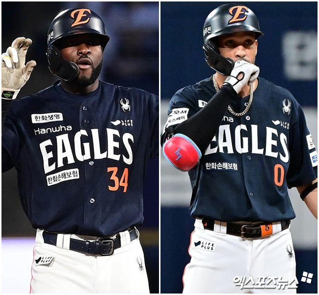 부상으로 재활 중인 한화 이글스 외국인 타자 에스테반 플로리얼(왼쪽)과 단기 대체 외국인 선수로 맹활약을 펼치고 있는 루이스 리베라토. 사진 엑스포츠뉴스 DB
