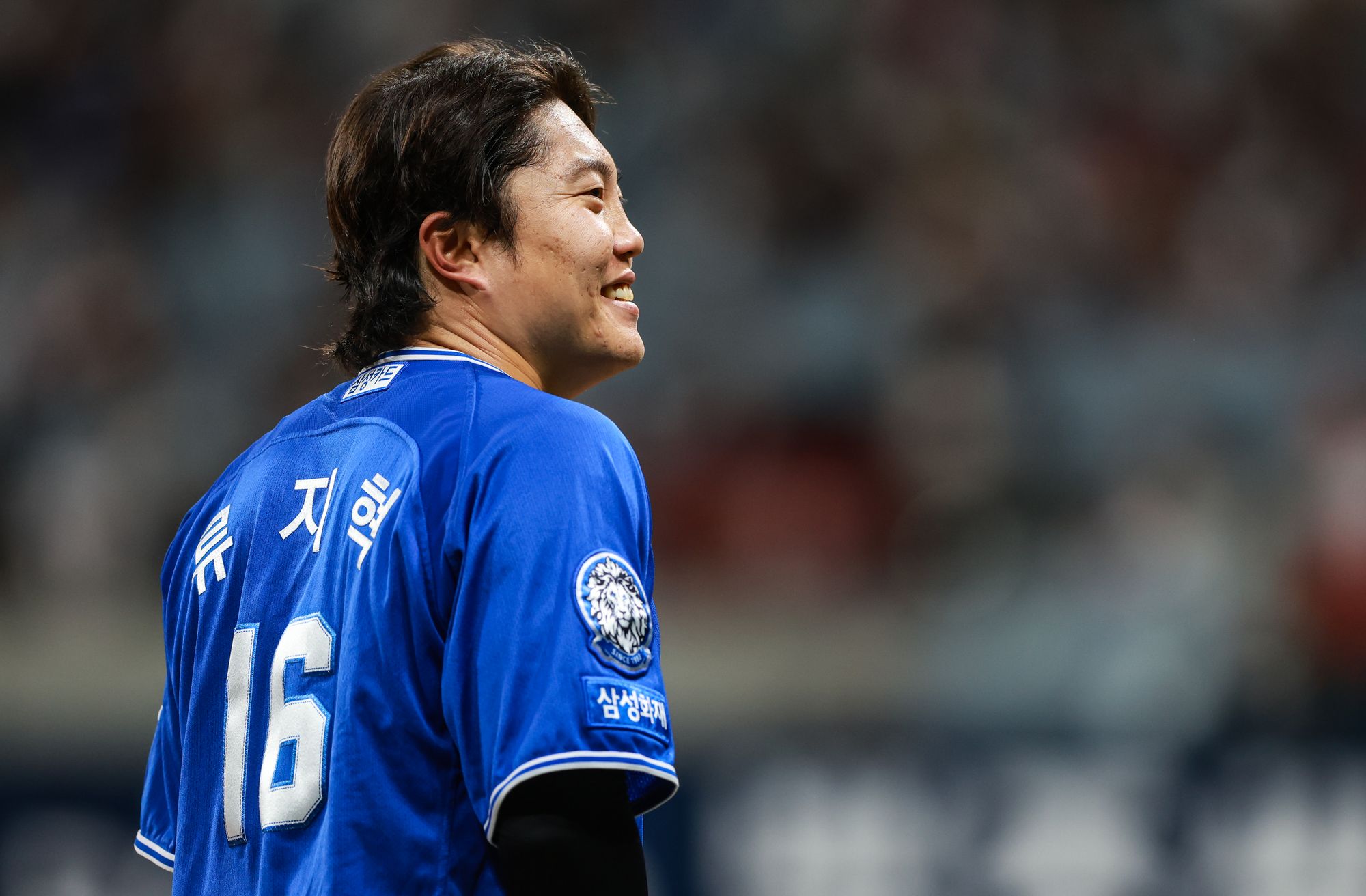 삼성 라이온즈 류지혁이 올해 정규시즌 경기에서 미소 짓고 있다. 삼성 라이온즈