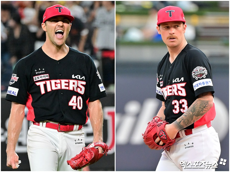 KIA 타이거즈 원투펀치 제임스 네일(왼쪽)과 아담 올러가 지난 2~3일 광주 한화 이글스전 우천취소로 오는 5~6일 사직 롯데 자이언츠전 선발등판 가능성이 높아졌다. 사진 엑스포츠뉴스 DB