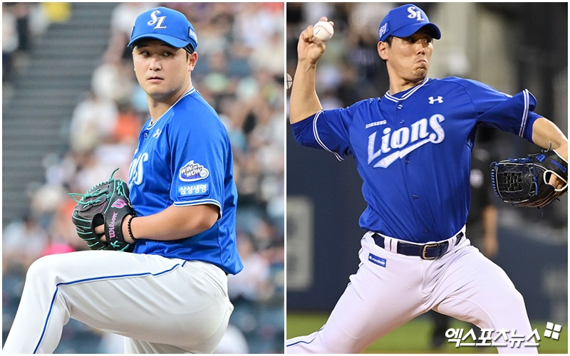 삼성 라이온즈 투수 최원태(오른쪽)와 김재윤이 2025시즌 전반기 부진을 딛고 후반기 나란히 반등에 성공했다. 사진 엑스포츠뉴스 DB