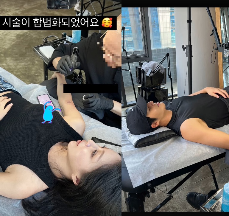타투 시술을 받고 있는 한예슬 부부.
