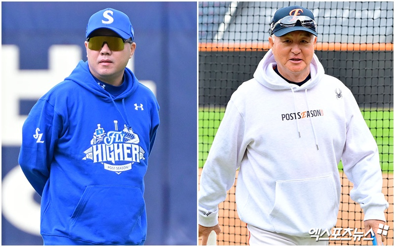 박진만(왼쪽) 삼성 라이온즈 감독과 김경문 한화 이글스 감독이 10월 24일 열리는 2025 KBO 플레이오프 5차전에서 한국시리즈 진출을 놓고 다툰다. 사진 엑스포츠뉴스 DB