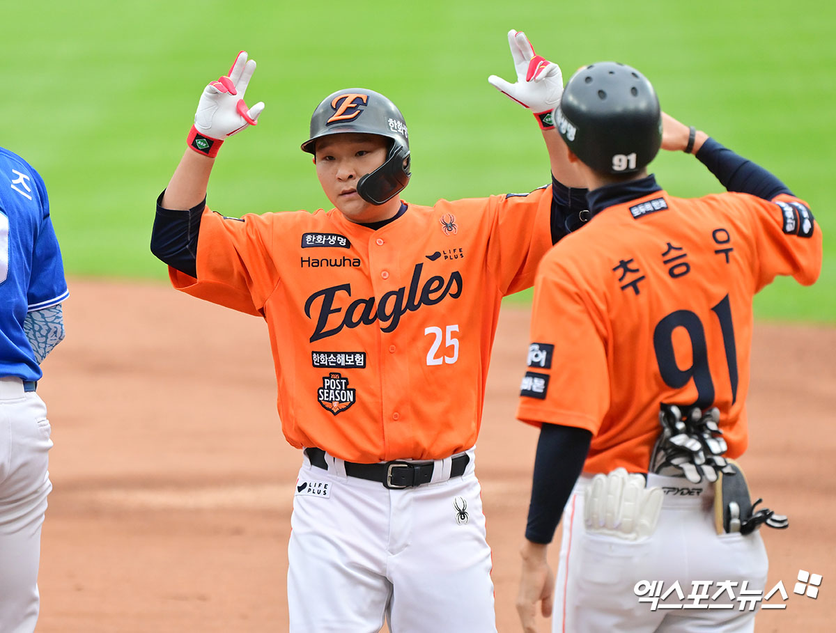 한화는 24일 대전 한화생명볼파크에서 삼성 라이온즈와 2025 신한 SOL 뱅크 KBO 플레이오프 5차전을 치른다. 한화는 삼성과 플레이오프 시리즈 전적 2승 2패로 균형을 이뤘다. 한화는 지난 21일 대구로 이동해 치른 3차전에서 문동주의 4이닝 무실점 구원승으로 5-4 승리를 거뒀다. 22일 대구 4차전에선 4-7로 역전패했다. 한화는 5차전에서 손아섭(지명타자)~루이스 리베라토(중견수)~문현빈(좌익수)~노시환(3루수)~채은성(1루수)~하주석(2루수)~김태연(우익수)~최재훈(포수)~심우준(유격수)으로 이어지는 선발 타순을 앞세운다. 미출전 선수는 투수 류현진과 정우주로, 문동주는 일단 출전 가능 명단에 들어갔다. 엑스포츠뉴스DB  