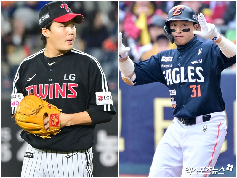2025 한국시리즈 2차전에서 맞대결을 펼치는 LG 트윈스 임찬규(왼쪽)와 한화 이글스 손아섭. 사진 엑스포츠뉴스 DB