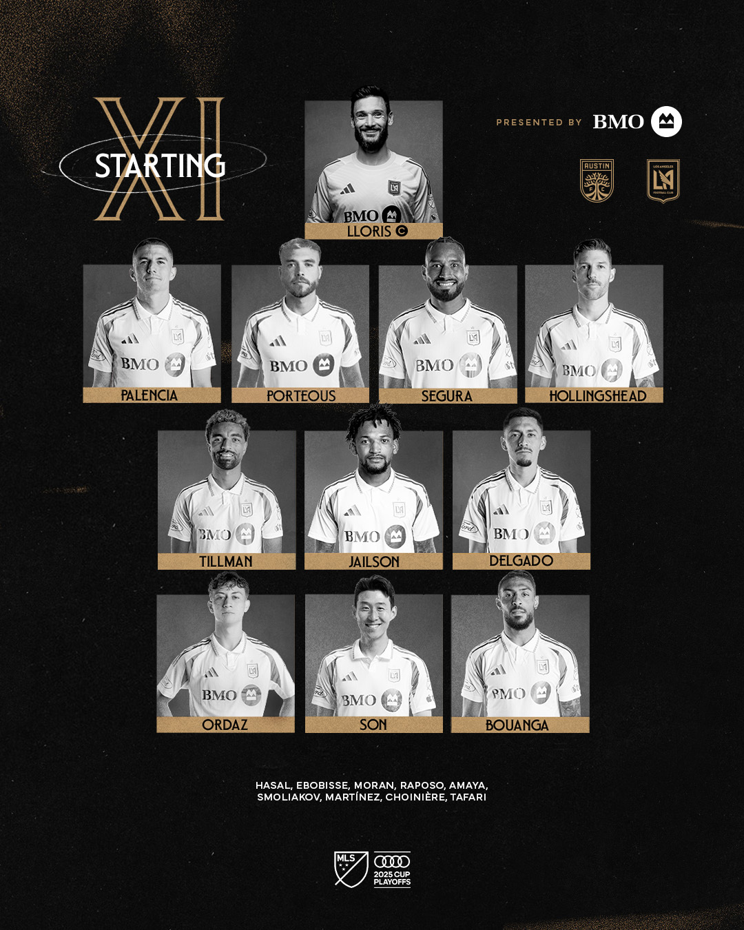 로스앤젤레스FC(LAFC)가 메이저리그사커(MLS) 플레이오프 16강 2차전을 앞두고 공식 선발 명단을 발표했다. 지난달 30일 열린 1차전에서 오스틴FC를 상대로 2-1 승리를 거둔 LAFC는 3일 10시 45분 오스틴의 홈구장 Q2 스타디움에서 2차전을 치른다. 3판 2선승제로 운영되는 플레이오프이기 때문에 LAFC는 해당 경기에 승리할 경우 8강 조기 진출을 확정한다. 손흥민은 드니 부앙가, 티모시 틸먼과 함께 LAFC 전방 스리톱으로 선발 출전한다. LAFC