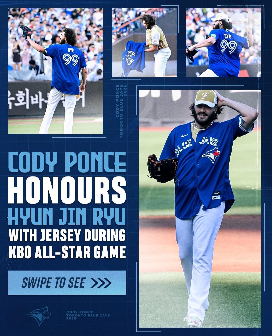 메이저리그 토론토 블루제이스가 12일(한국시간) 공식 SNS 계정을 통해 '우리는 2025시즌 KBO리그 MVP이자 최동원상 수상자 코디 폰세와 3년 계약을 체결했다'는 소식을 알리고 '토론토에 오신 걸 환영합니다 코디!'라는 한국어 인사로 환영했다. 토론토 구단 공식 인스타그램 계정
