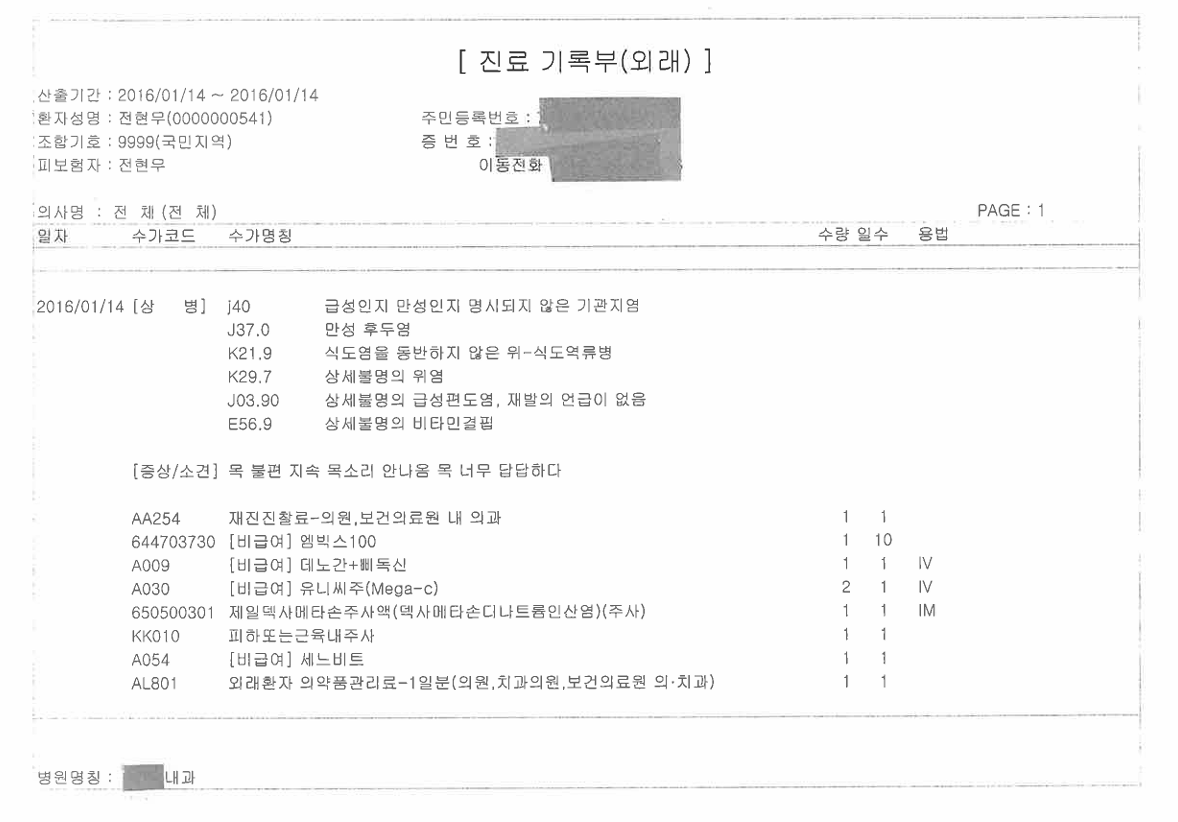 사진 = SM C&C / 2016년 1월 14일 전현무 진료기록부 사본