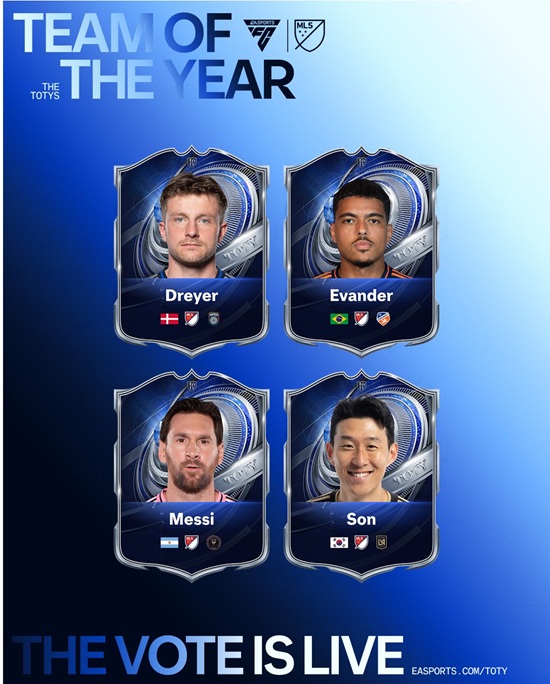 미국 메이저리그사커(MLS) 무대를 평정한 손흥민(LAFC)이 세계 최고의 선수들과 함께 '올해의 팀' 후보에 이름을 올렸다. 손흥민을 포함해 리오넬 메시(인터 마이애미), 앤더스 드레이어(샌디에이고FC), 에반데르(신시내티) 등 4명의 MLS 소속 선수가 EA SPORTS 선정 2025 올해의 팀(TOTY) 후보에 선정됐다. SNS