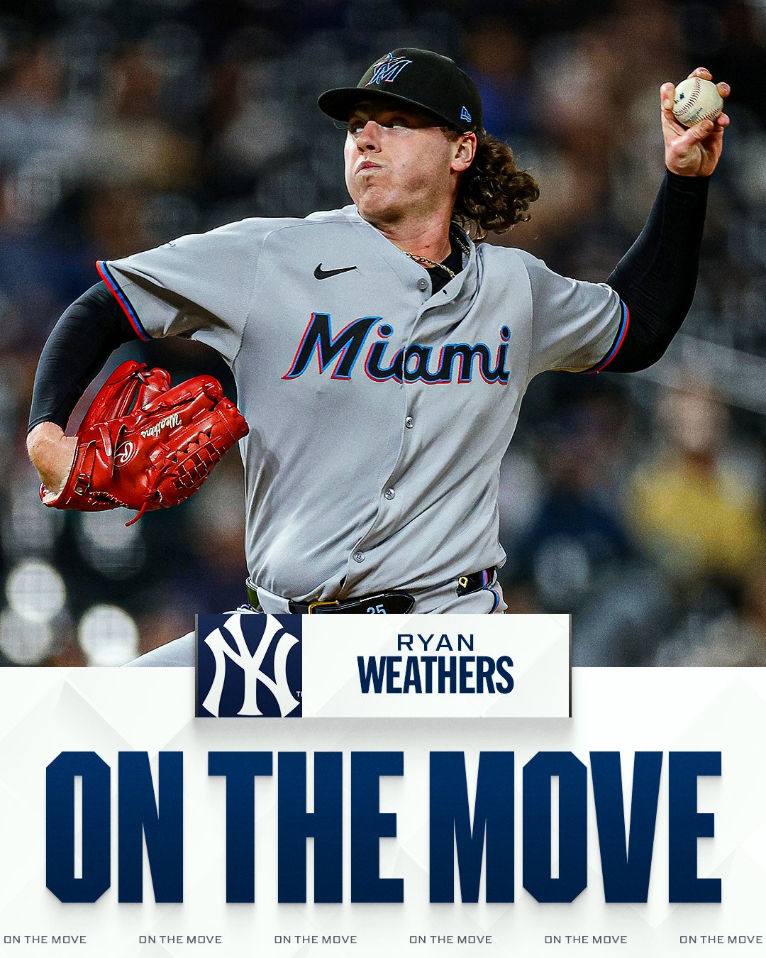 미국 메이저리그(MLB) 뉴욕 양키스가 14일 마이애미 말린스와 1대4 트레이드를 단행했다. 좌완 라이언 웨더스를 영입하면서 내야수 딜런 하소, 후안 마테우스, 외야수 브렌던 존스, 딜런 루이스 등 유망주 4명을 마이애미에 내줬다. MLB 공식 SNS