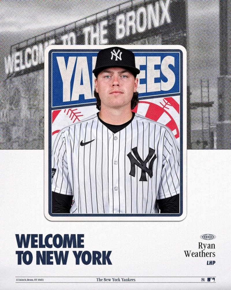 미국 메이저리그(MLB) 뉴욕 양키스가 14일 마이애미 말린스와 1대4 트레이드를 단행했다. 좌완 라이언 웨더스를 영입하면서 내야수 딜런 하소, 후안 마테우스, 외야수 브렌던 존스, 딜런 루이스 등 유망주 4명을 마이애미에 내줬다. 양키스 구단 공식 SNS